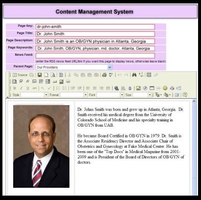 Content management system example for physicians and medical practices